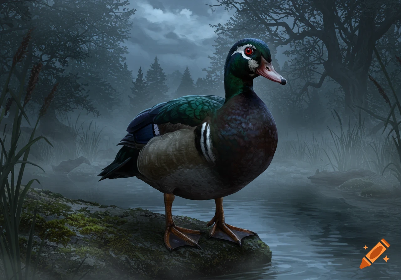 A colorful duck with iridescent green and blue feathers stands on a mossy rock by a misty river in a dark forest.