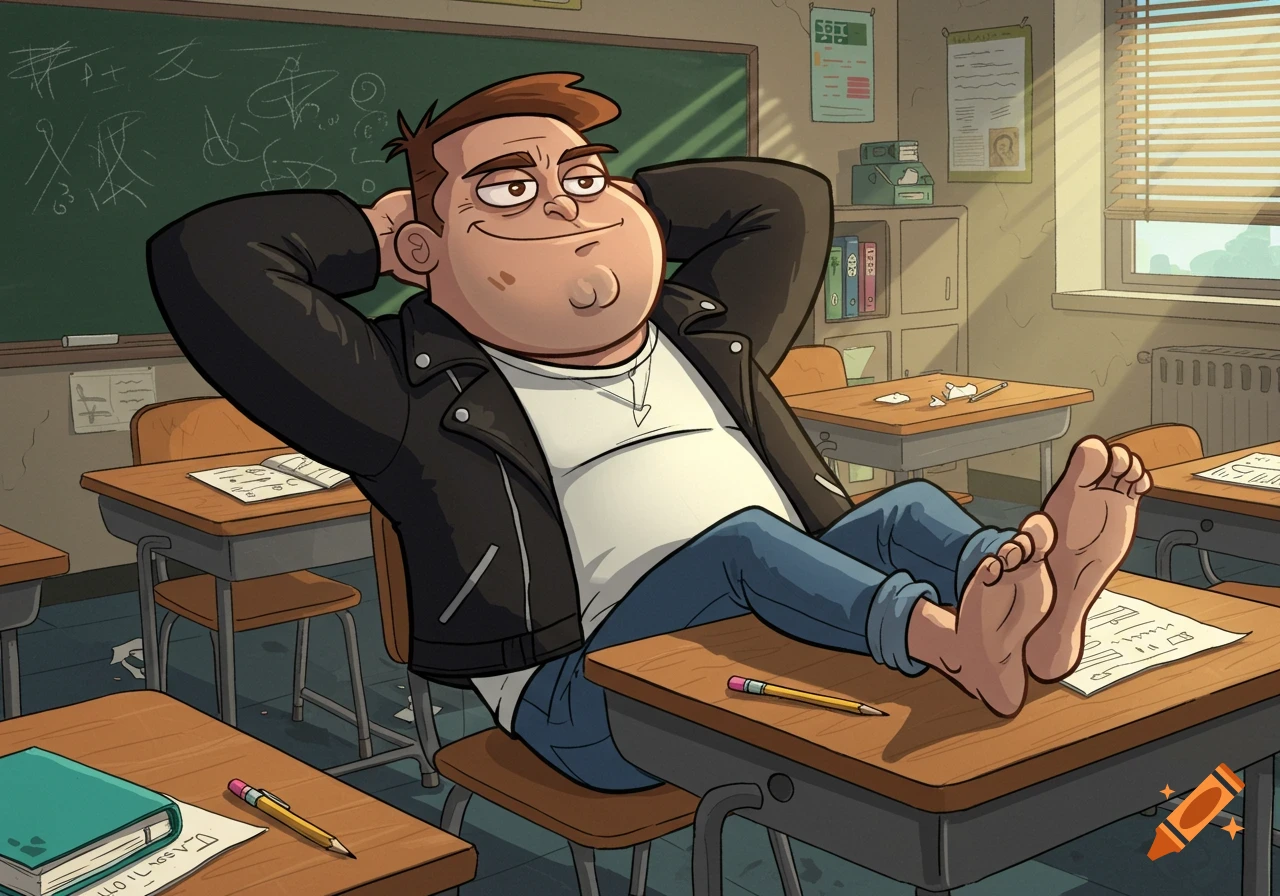 A smug, cartoon bully with a leather jacket and bare feet relaxing in a classroom.