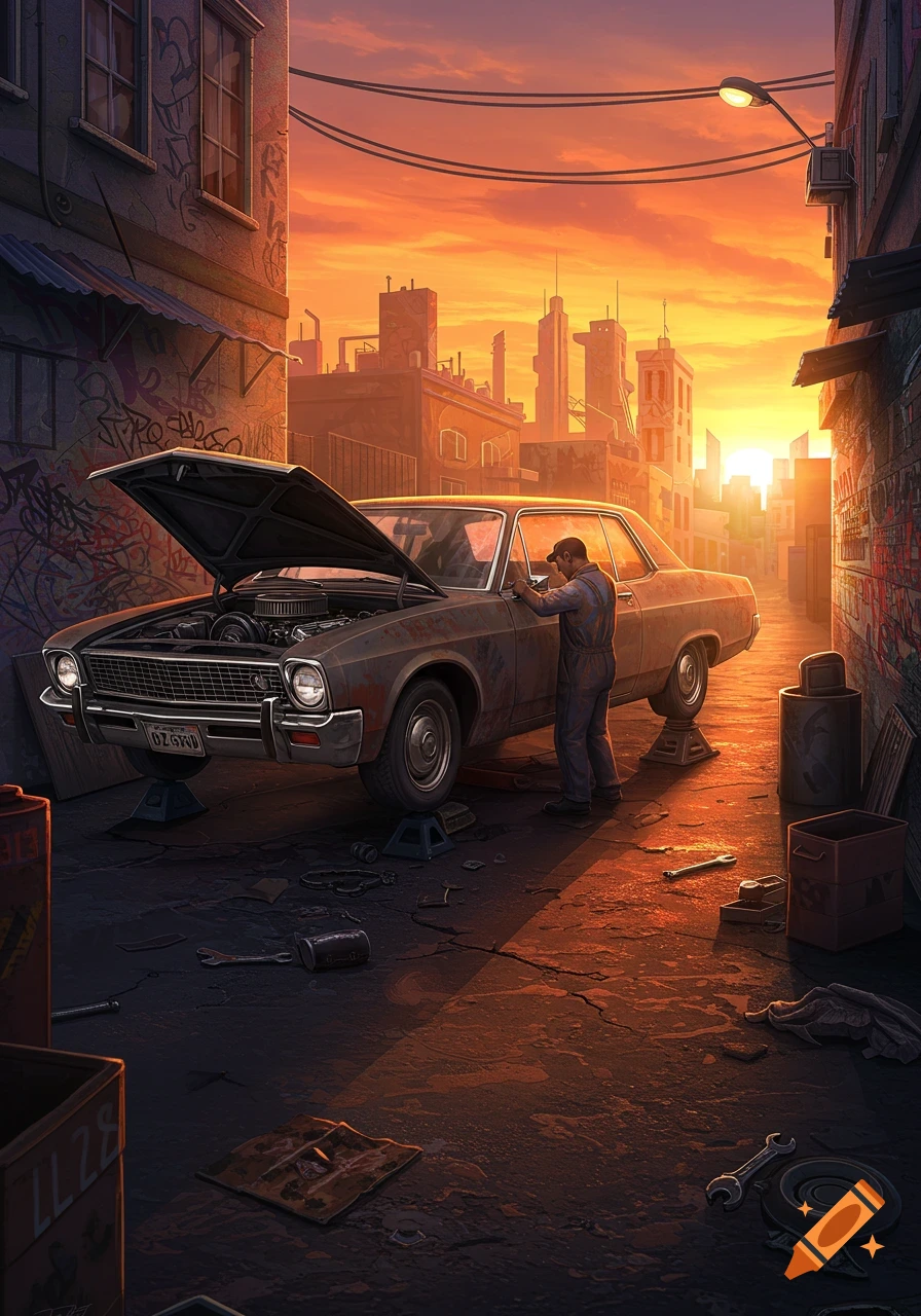 A mechanic works on an old car with its hood open in a city alley at sunset, in a digital art style.