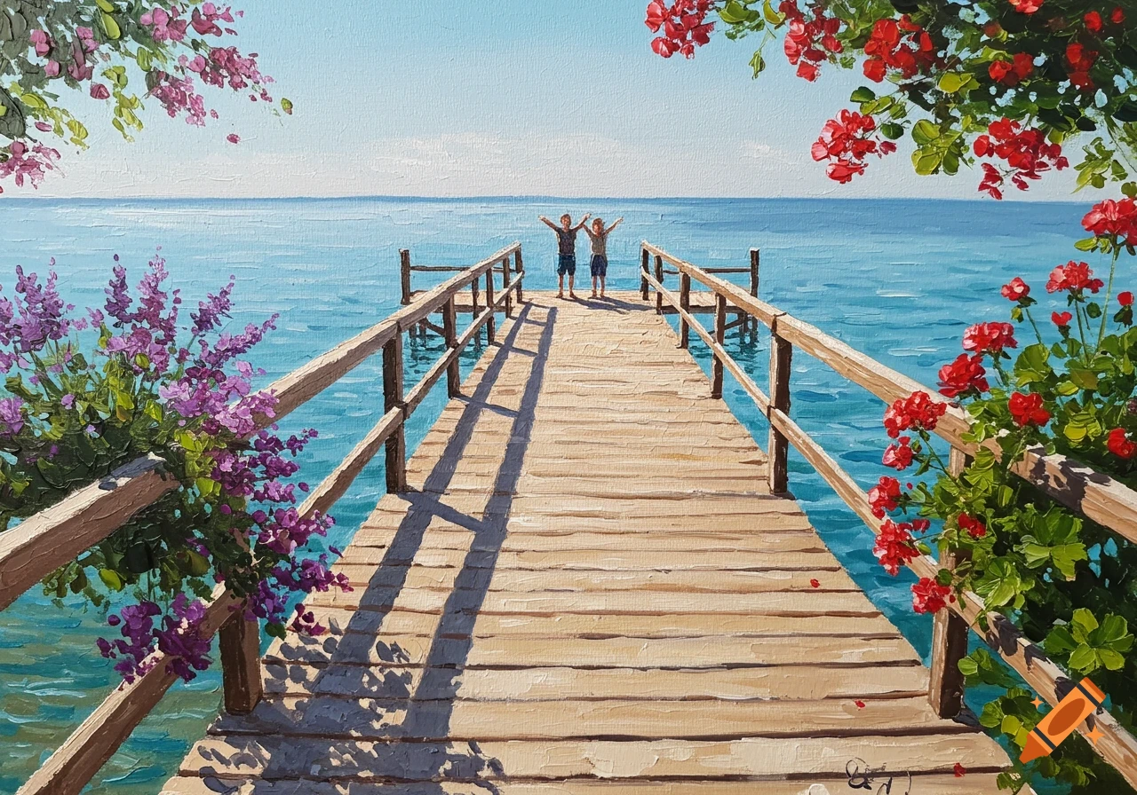 An oil painting of a wooden pier extending into calm blue water under a clear sky. Two small figures stand at the end of the pier with arms raised. Purple and red flowers frame the foreground.