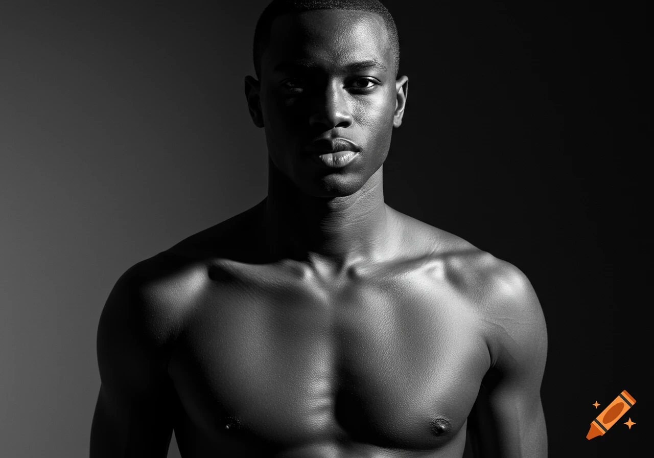 Dramatic black and white close-up portrait of a shirtless young man with strong lighting.