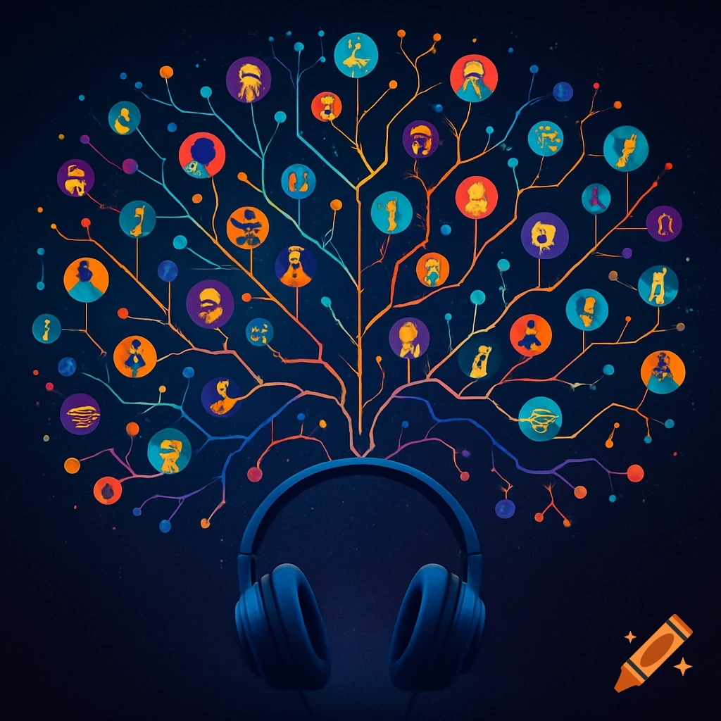 Stylized headphones with a neural network-like tree structure branching out, featuring colorful icons representing artists, genres, and cultures on a dark background.