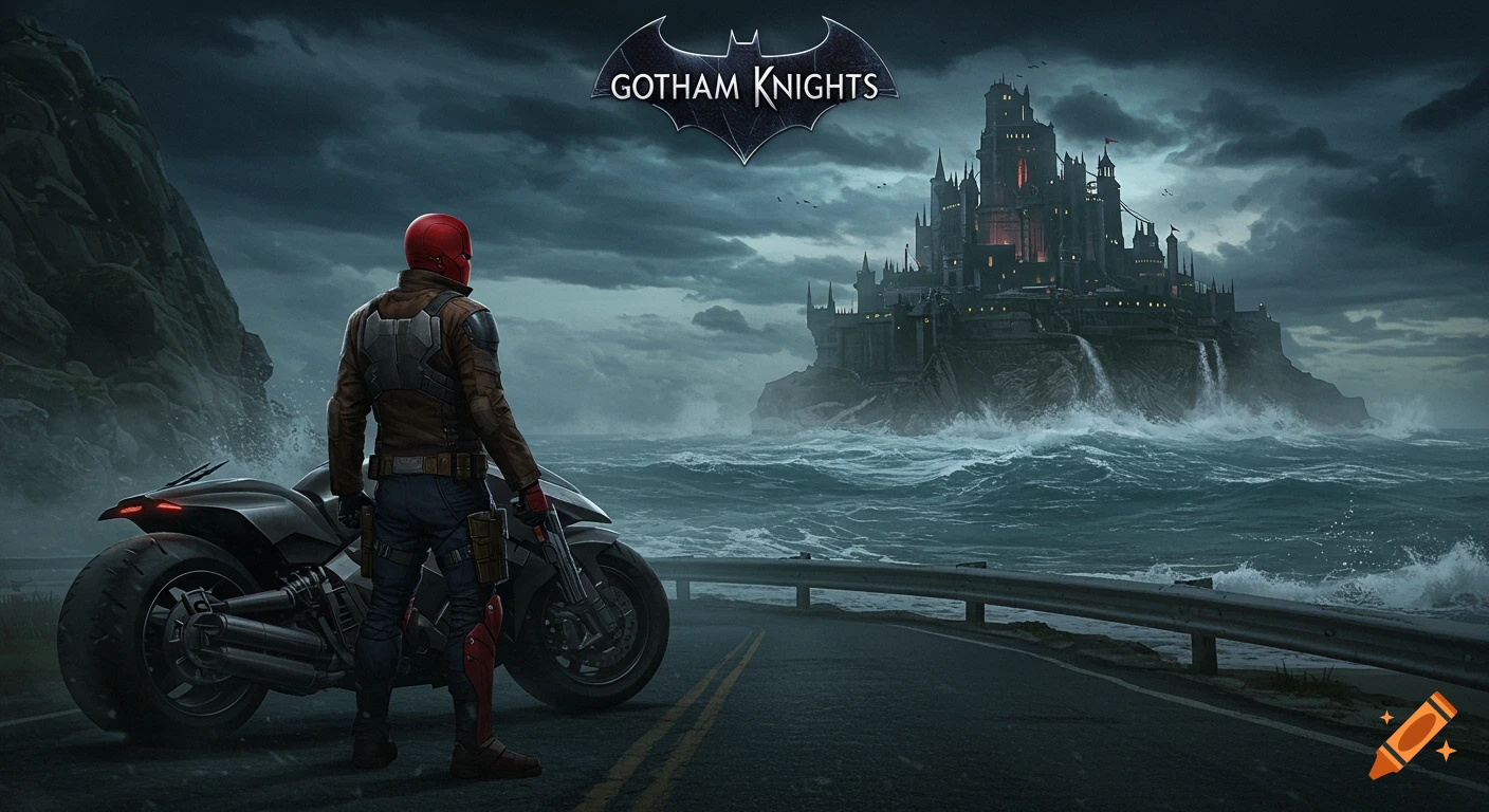 Red Hood on a motorcycle overlooks a dark gothic castle on an island in a stormy sea, Gotham Knights logo.