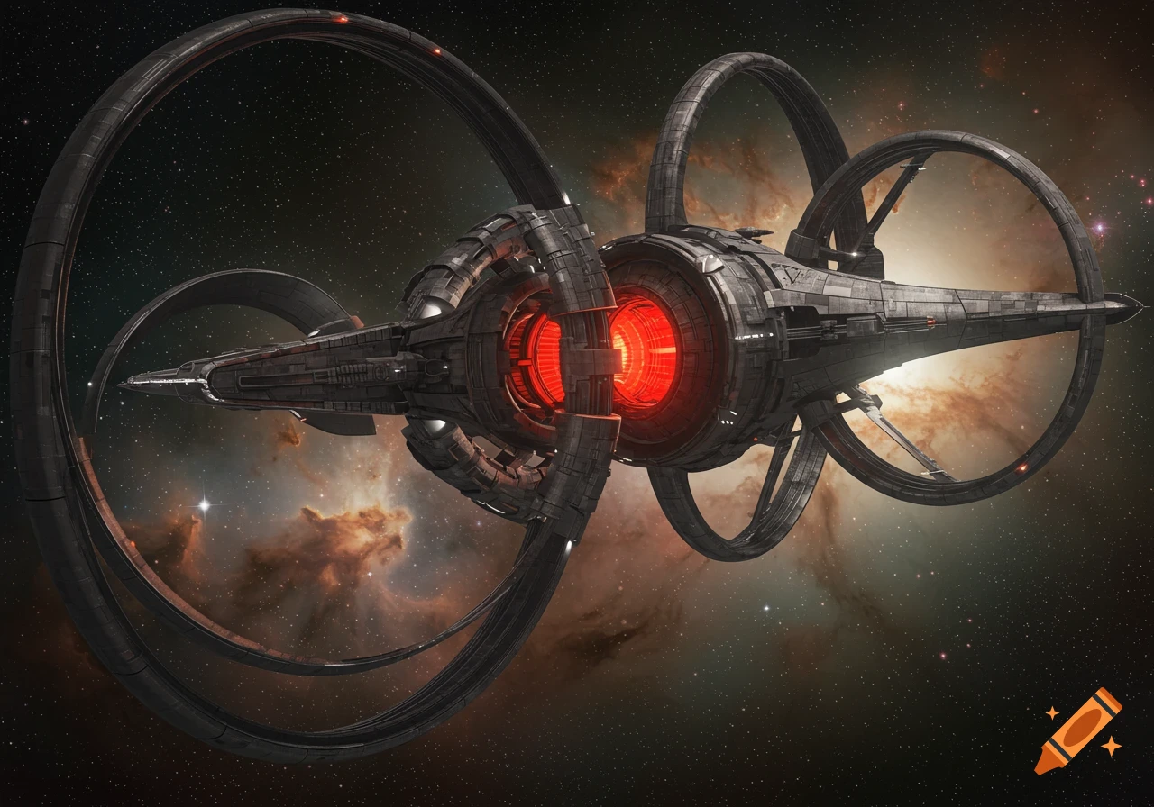 A detailed sci-fi starship with multiple dark rings around a central hull, featuring a glowing red reactor core, set against a nebula-filled space background.