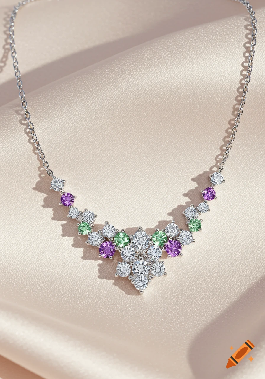 Silver necklace with clear, purple, and green gemstones on a light, silky fabric.