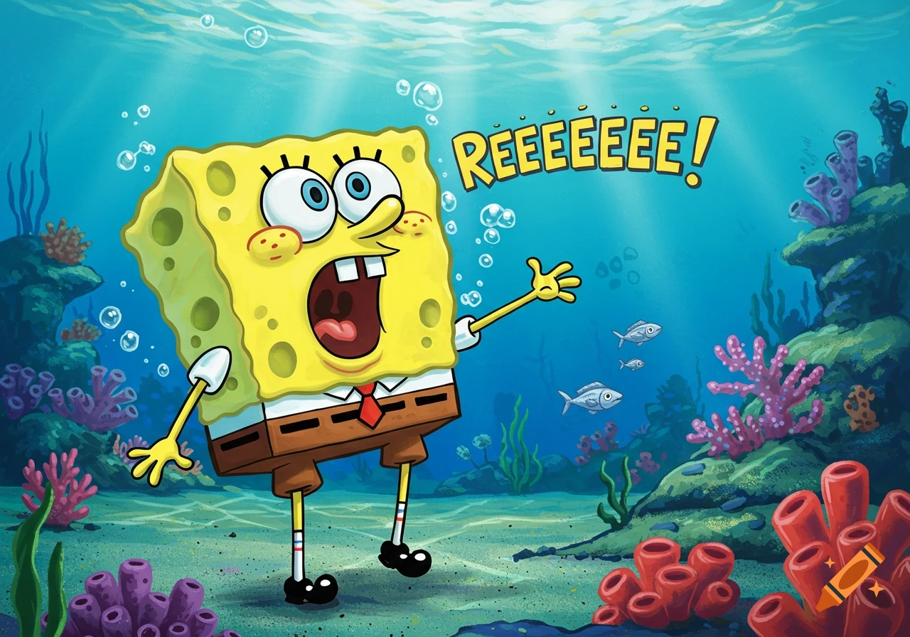 SpongeBob SquarePants with a distressed expression yelling "REEEEEEEE!" underwater with coral and fish in a cartoon style.