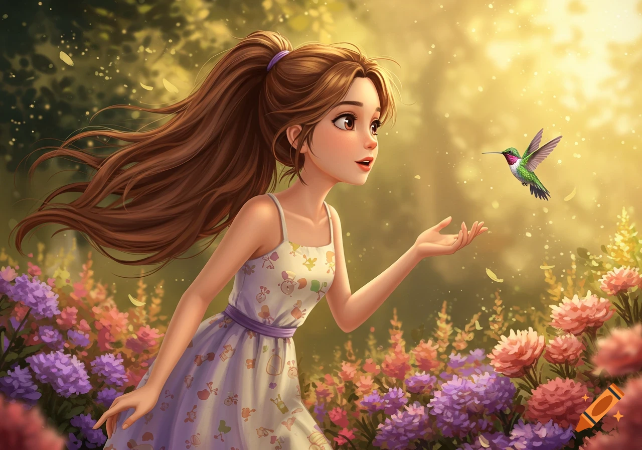 An animated girl with long brown hair in a ponytail in a flower field, reaching out to a colorful hummingbird in golden sunlight.