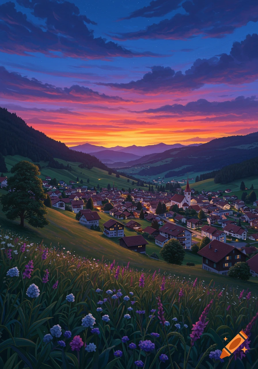 An illustrated view of a vibrant sunset over a picturesque village nestled in a green valley, with colorful flowers in the foreground.