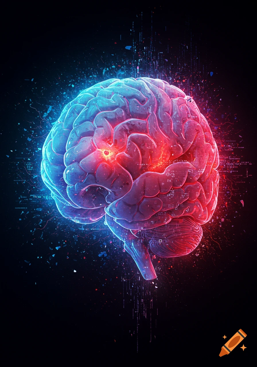 A glowing, stylized human brain, split with blue and red light, surrounded by digital particles on a dark background.