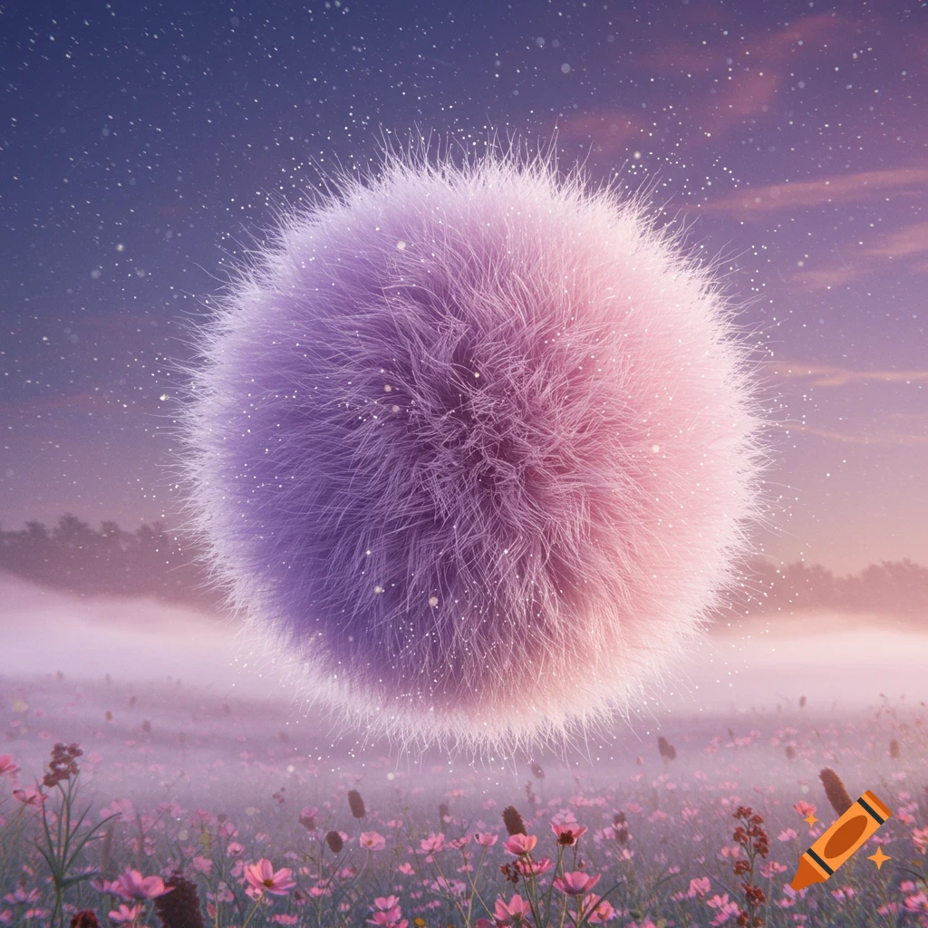 A large, fluffy, gradient-colored pink and purple orb floats above a field of pink flowers under a twilight sky with twinkling lights.