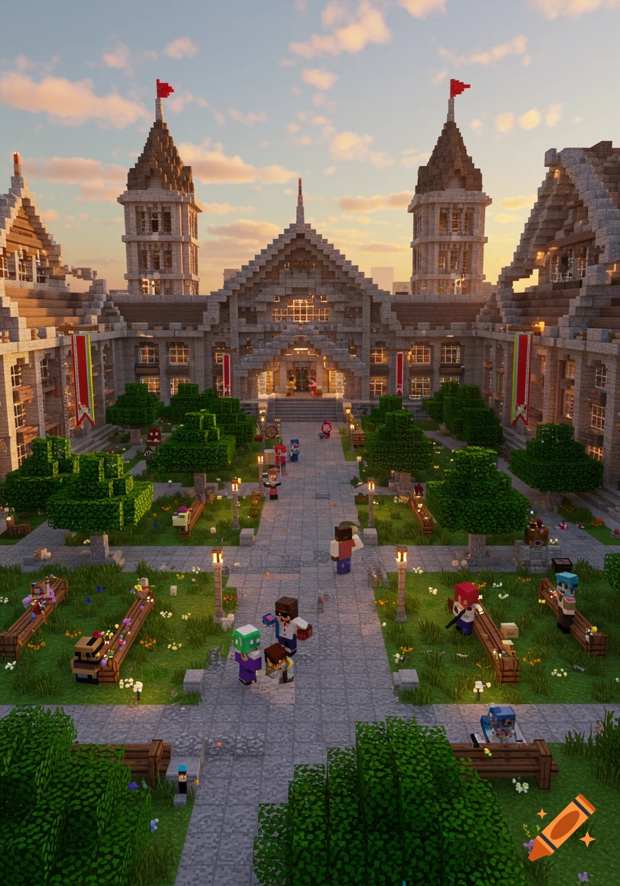 A Minecraft-style university campus with a grand building, courtyards, trees, and blocky characters at sunset.