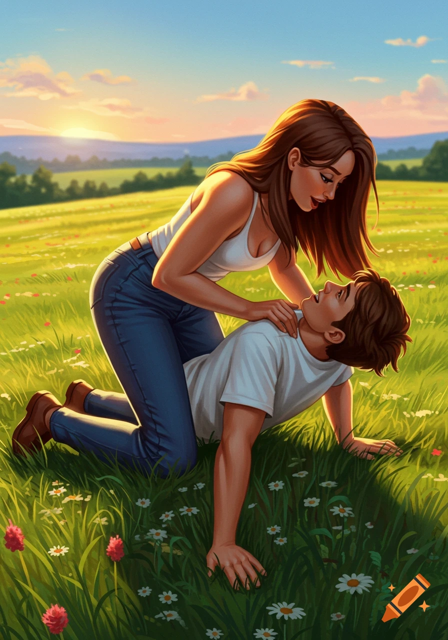 Illustrative scene of a woman kneeling over a man in a sunny, flower-filled meadow, gazing intimately at him.