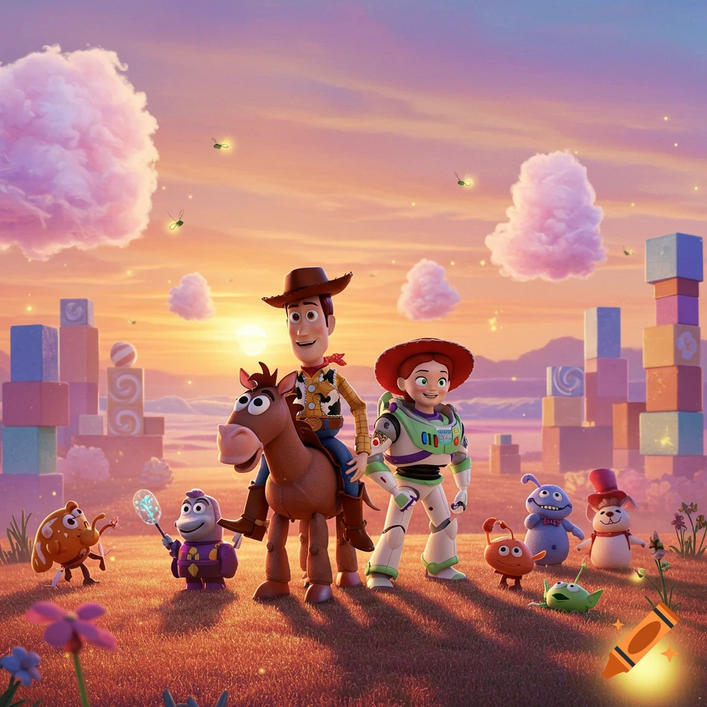 Woody on Bullseye, Buzz, and Jessie with other toys in a fantastical, colorful animated landscape at sunset.