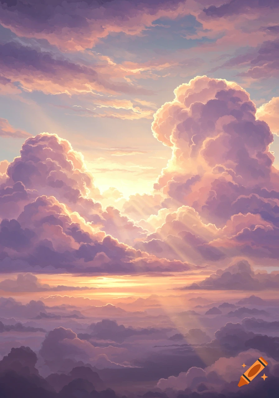 Vibrant sky filled with large, fluffy purple and orange clouds, with golden light rays beaming through, resembling a sunrise or sunset.