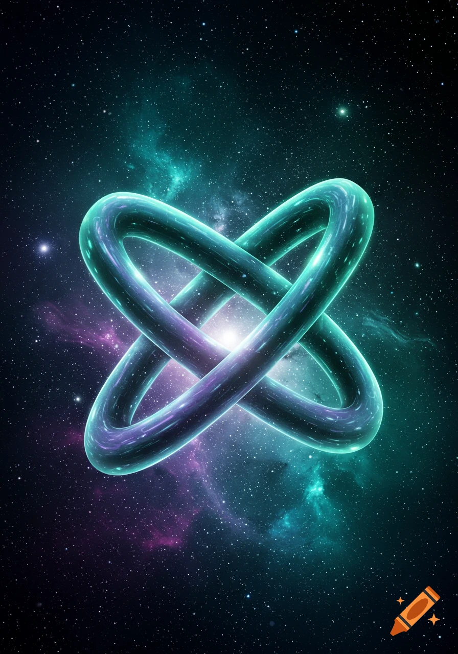 Glowing intertwined teal and purple loops against a starry deep space nebula background.