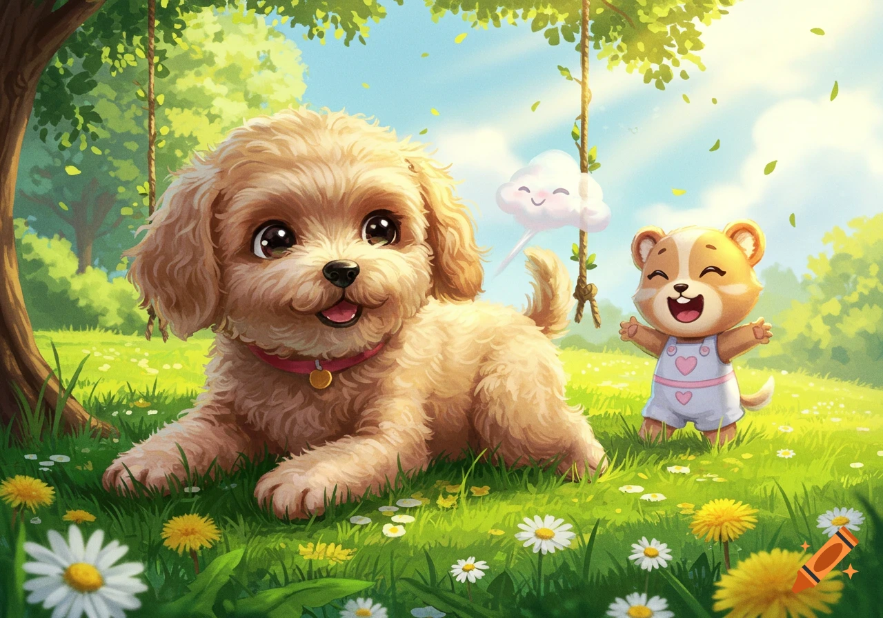 A cute fluffy light brown puppy lies in a sunny grassy field with daisies and dandelions, looking at the viewer. A smiling cartoon cub in overalls stands behind it with open arms. Green trees, a rope swing, and a happy cloud are in the background.