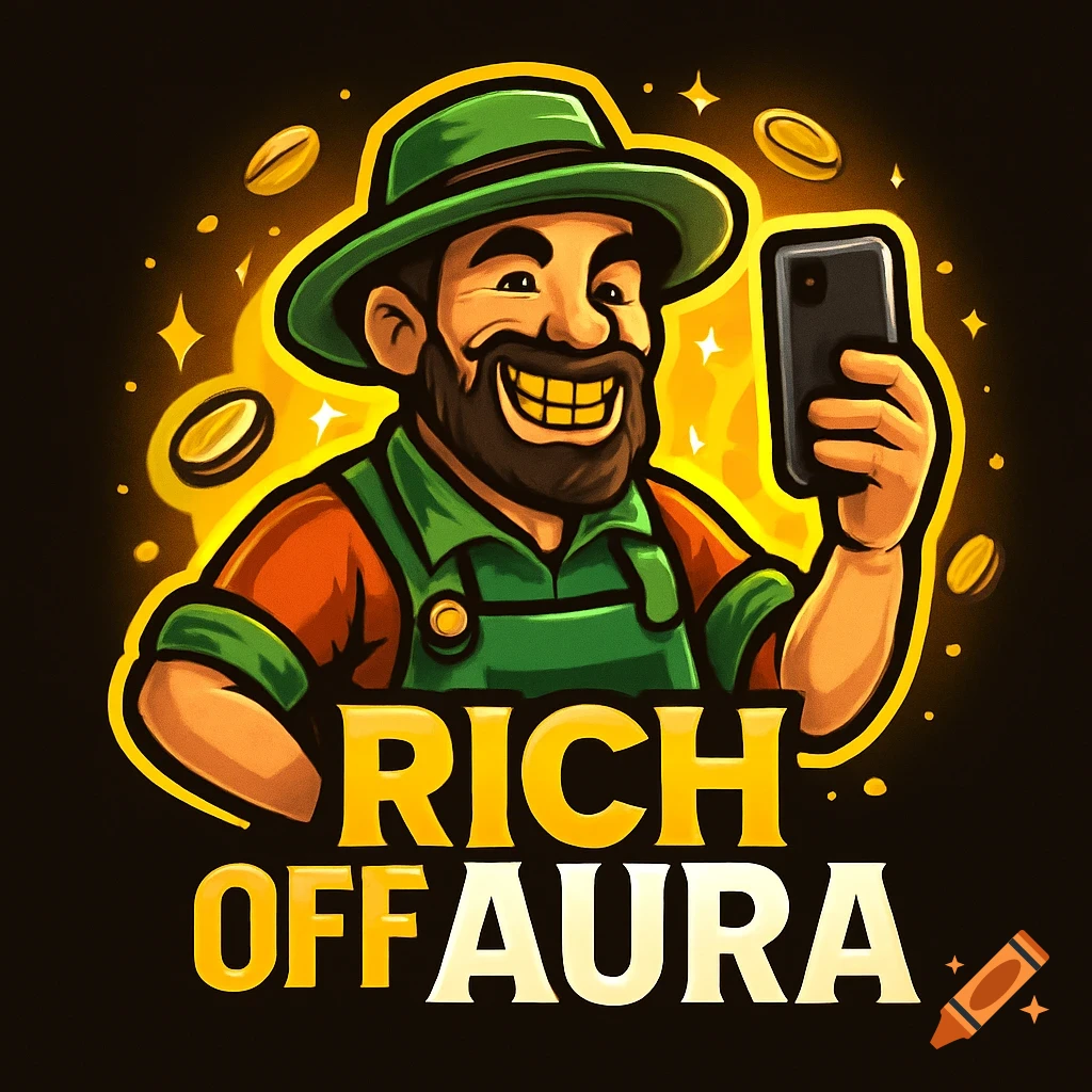 A vibrant cartoon logo of a smiling farmer with gold teeth, a green hat and overalls, holding a phone, surrounded by gold coins and sparkles, with the text 'RICH OFF AURA'.