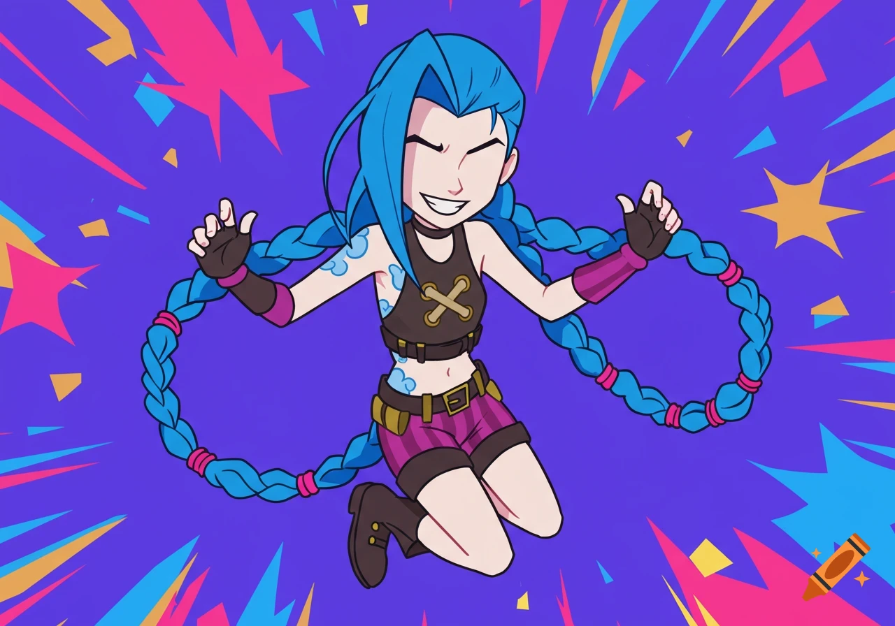 Cartoon Jinx with blue pigtails jumps on a purple background with colorful stars and geometric shapes, smiling broadly.