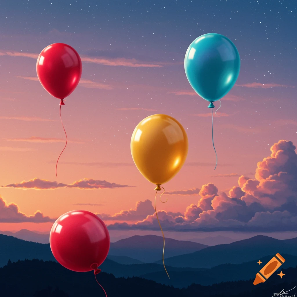 Four colorful balloons float against a vibrant sunset sky with stars and distant mountains.