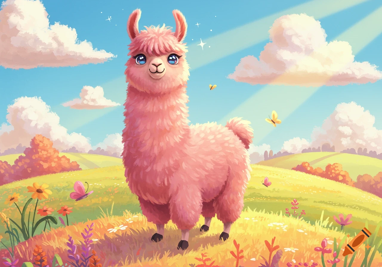 A vibrant illustration of a cute pink llama with blue eyes standing in a sunny, flower-filled field.