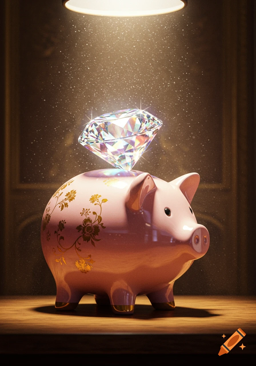 A pink piggy bank with gold floral patterns holds a sparkling diamond, illuminated by a spotlight on a wooden surface.