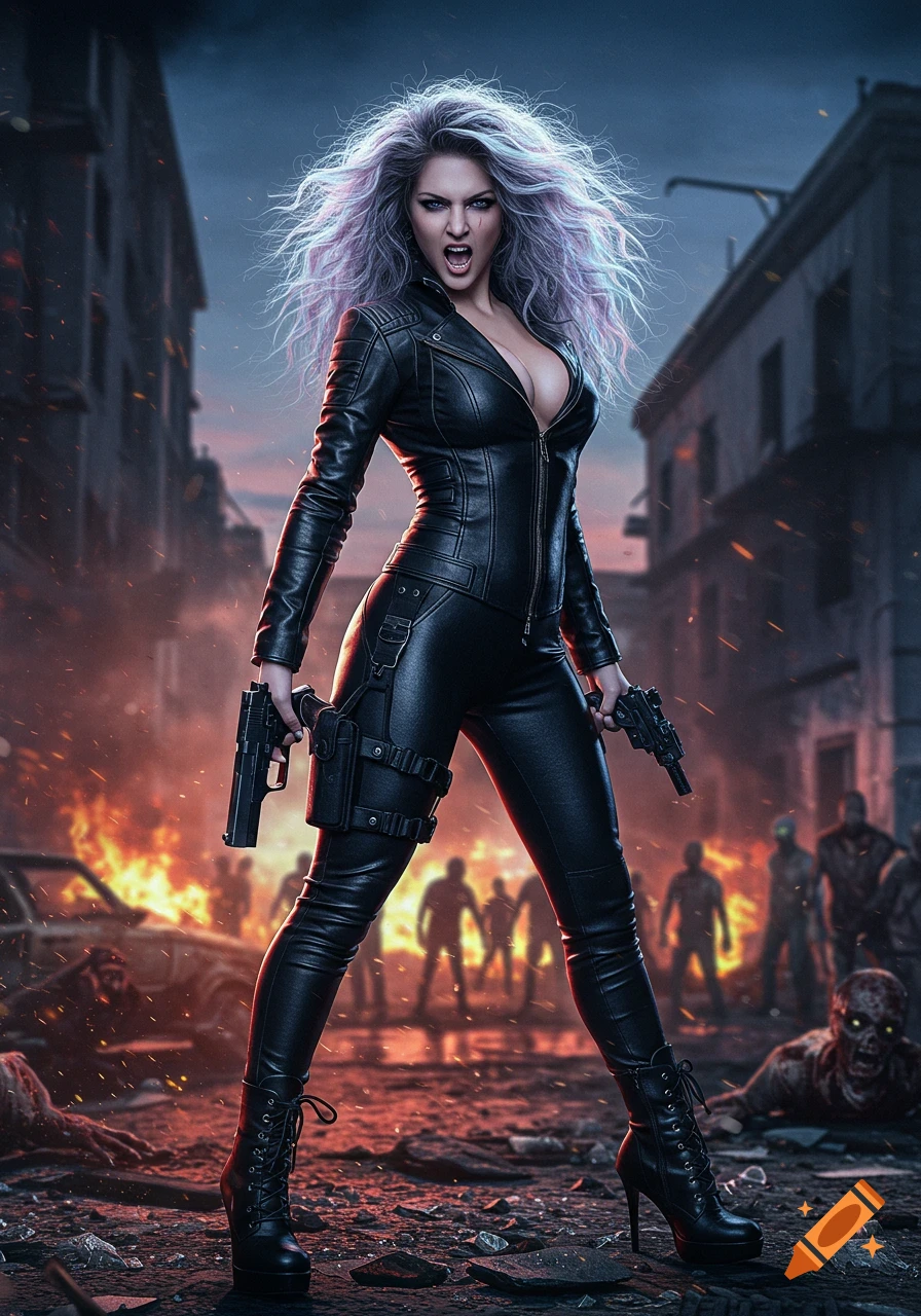 A fierce woman with purple hair in a black leather suit wields pistols against a horde of zombies in a fiery, war-torn city at dusk.