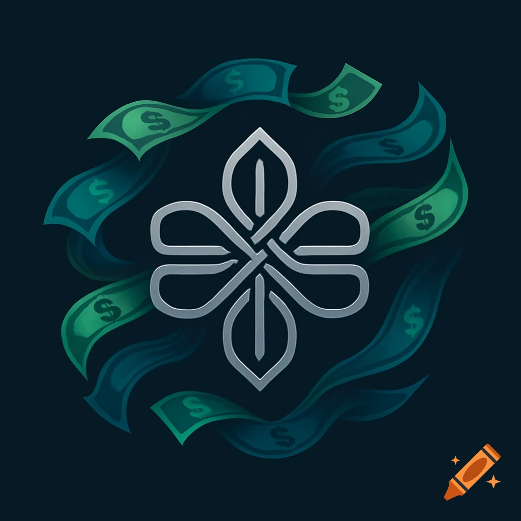 A silver abstract logo with money notes swirling around it on a dark background, in a graphic design style.
