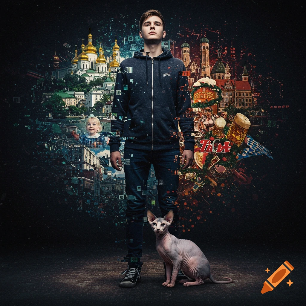Young man stands, pixelating into Kyiv cityscape on left and Oktoberfest/Munich on right, with a Sphynx cat at his feet.