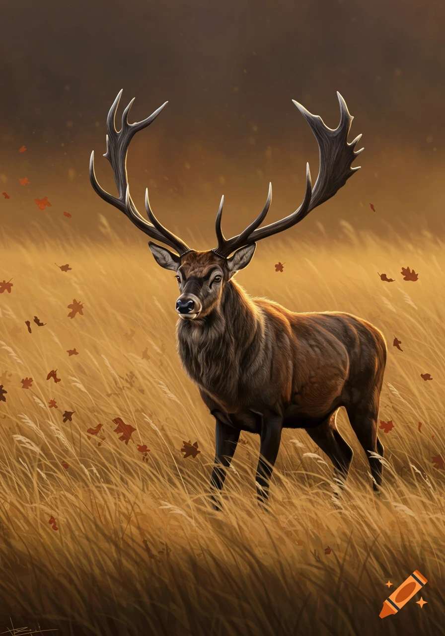 A majestic stag with large antlers stands in a golden autumn field with falling leaves.