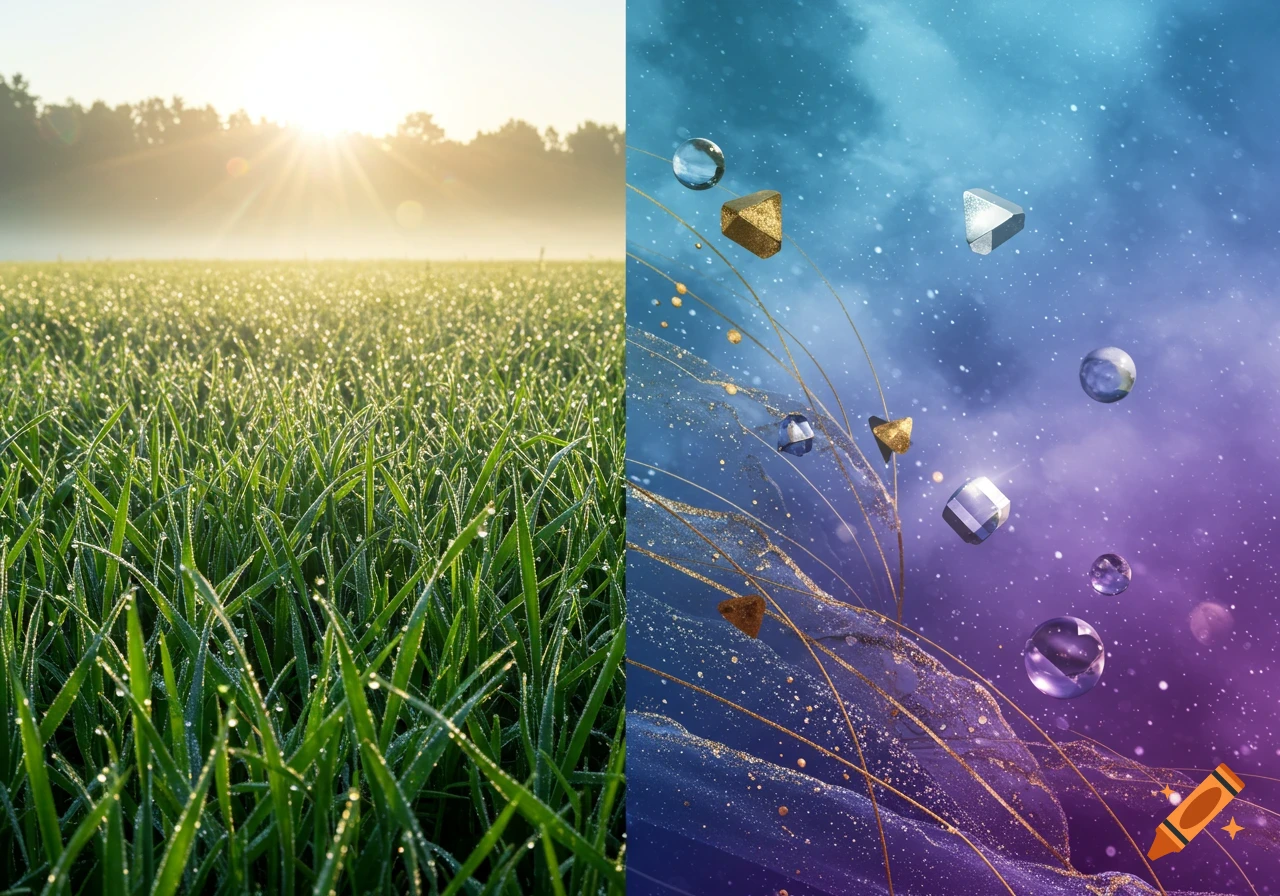 Split image: photorealistic dewy grass field at sunrise on left; abstract blue-purple space with floating crystals and golden trails on right.