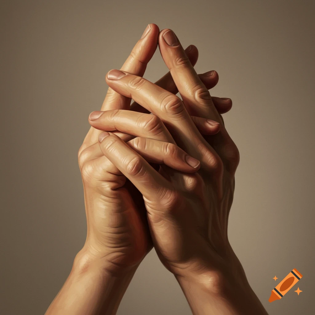 Hyperrealistic image of two intertwined six-fingered hands with soft lighting against a plain background.