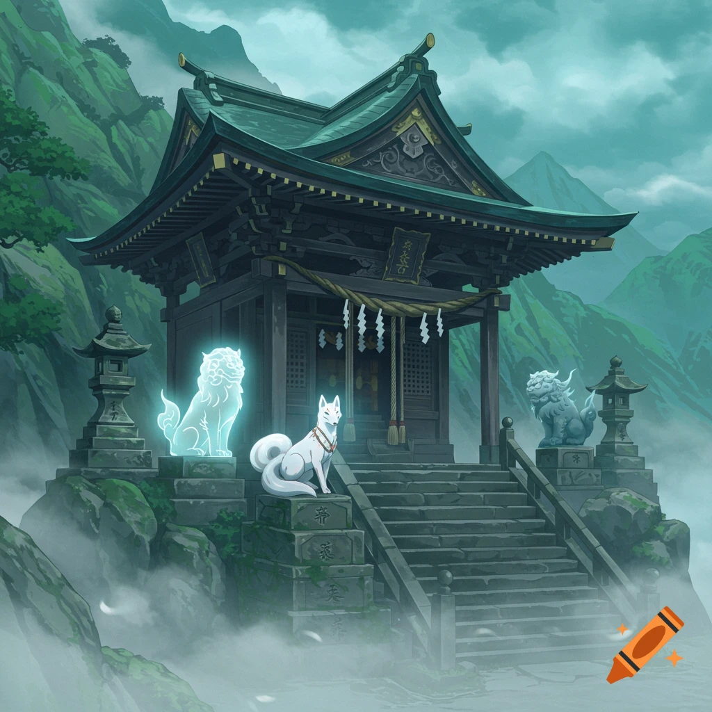 A serene anime-style mountain shrine shrouded in mist, with a white guardian fox and a glowing lion spirit.
