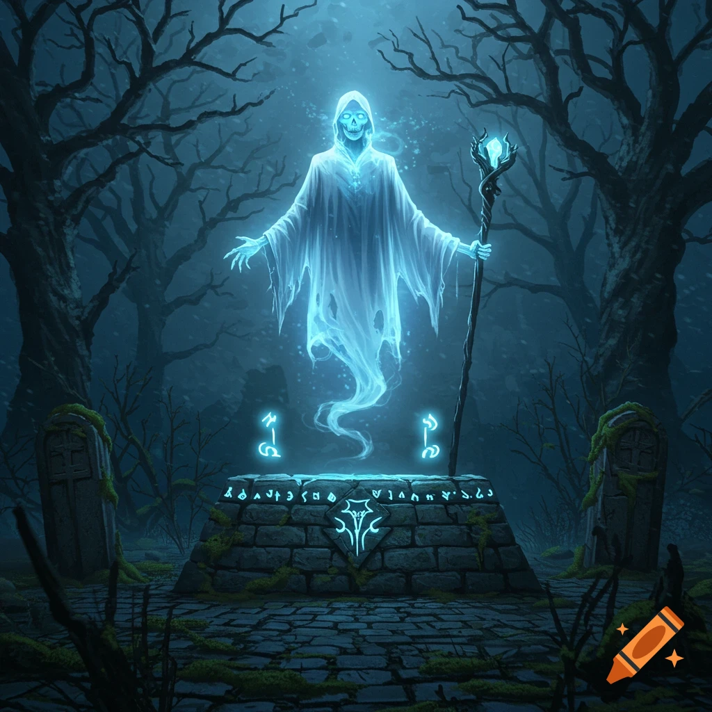 A glowing translucent skeletal ghost wizard, holding a staff, hovers above a stone altar with glowing runes in a spooky, barren forest at night. Two gravestones are visible.