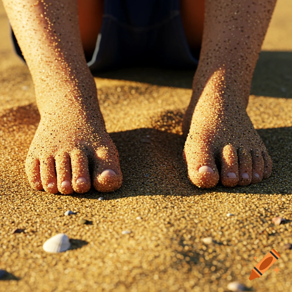 Close-up of a child's sand-covered feet on a sunny beach.