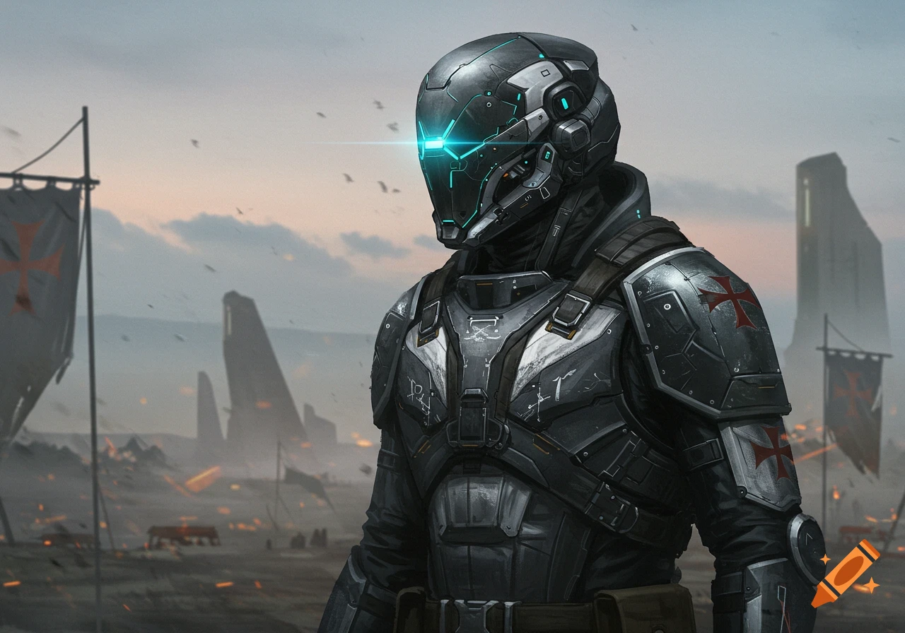 A futuristic soldier in dark, intricate armor with glowing blue accents and Templar crosses stands on a desolate battlefield.