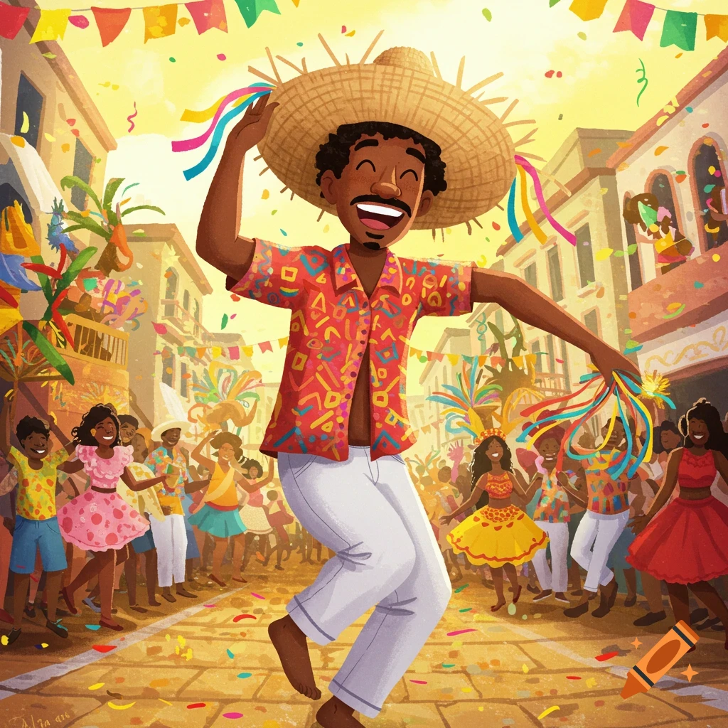 A joyful cartoon Brazilian man dances in a straw hat and colorful shirt, holding ribbons in a festive street full of confetti and other dancers.