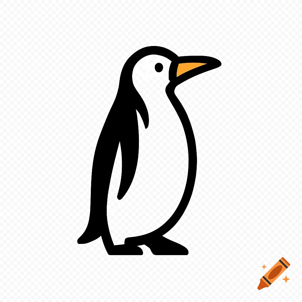 Simple black and white penguin logo with an orange beak on a transparent background.