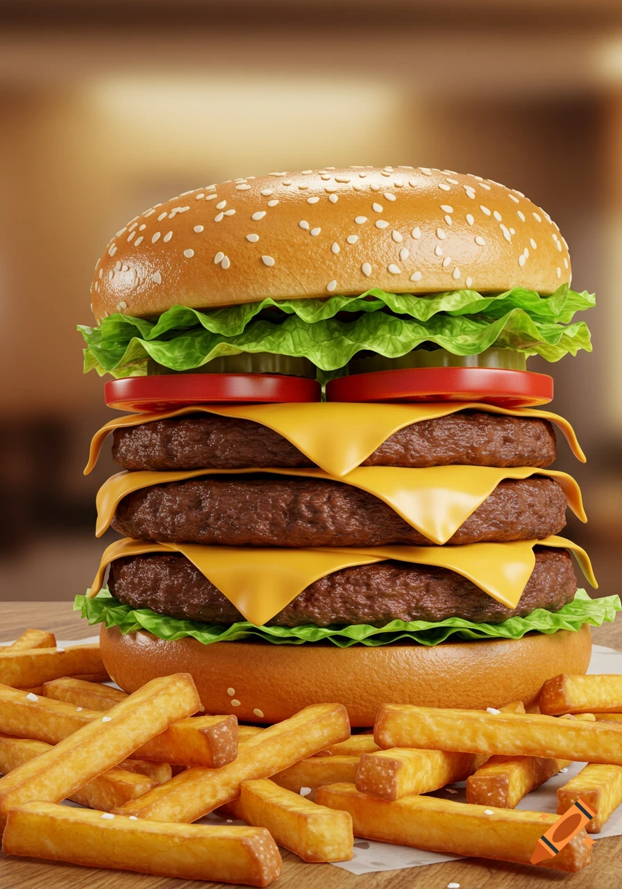 A tall triple cheeseburger with lettuce, tomato, and pickles sits on a table next to a pile of golden french fries.