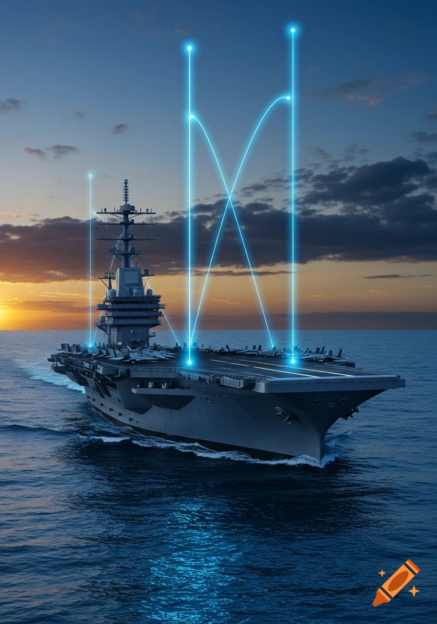 Photorealistic military aircraft carrier at sea under a dramatic sky, with glowing blue light beams from its mast.