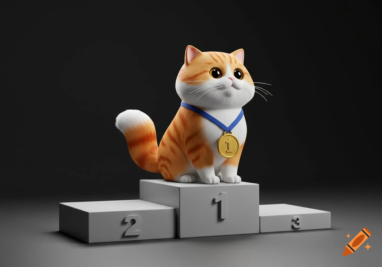 A cute 3D render of an orange and white striped cat wearing a gold medal, sitting on the top step of a winner's podium.