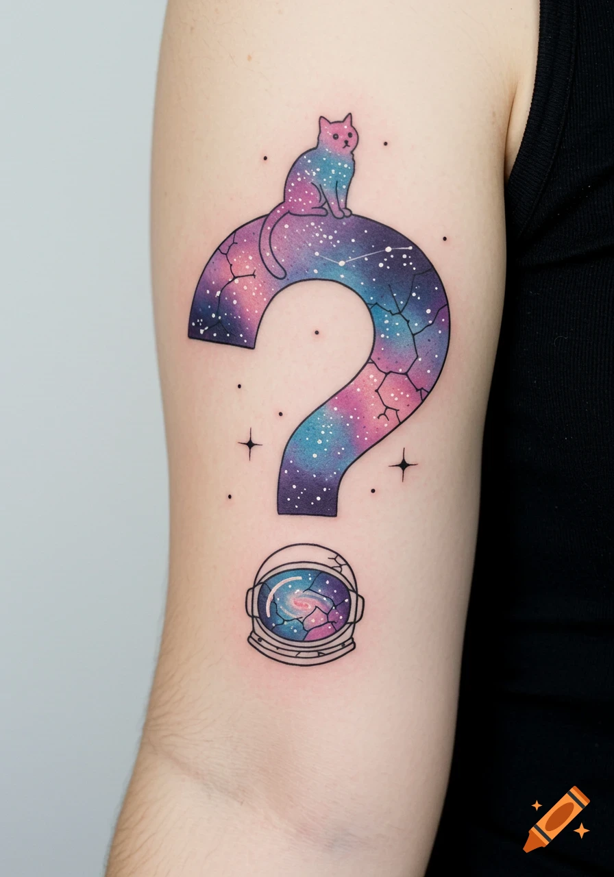 A minimalist tattoo on an arm featuring a galaxy-filled question mark with a cat on top and a cracked astronaut helmet below, in fine line art style.