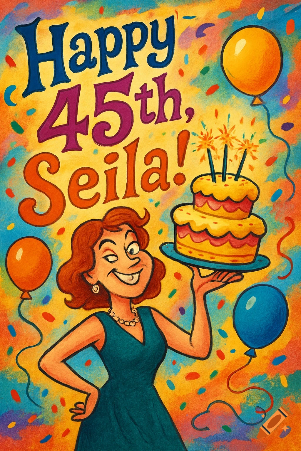 A colorful cartoon birthday card featuring a smiling woman in a teal dress holding a two-tier cake, surrounded by balloons and confetti. Text reads "Happy 45th, Seila!"