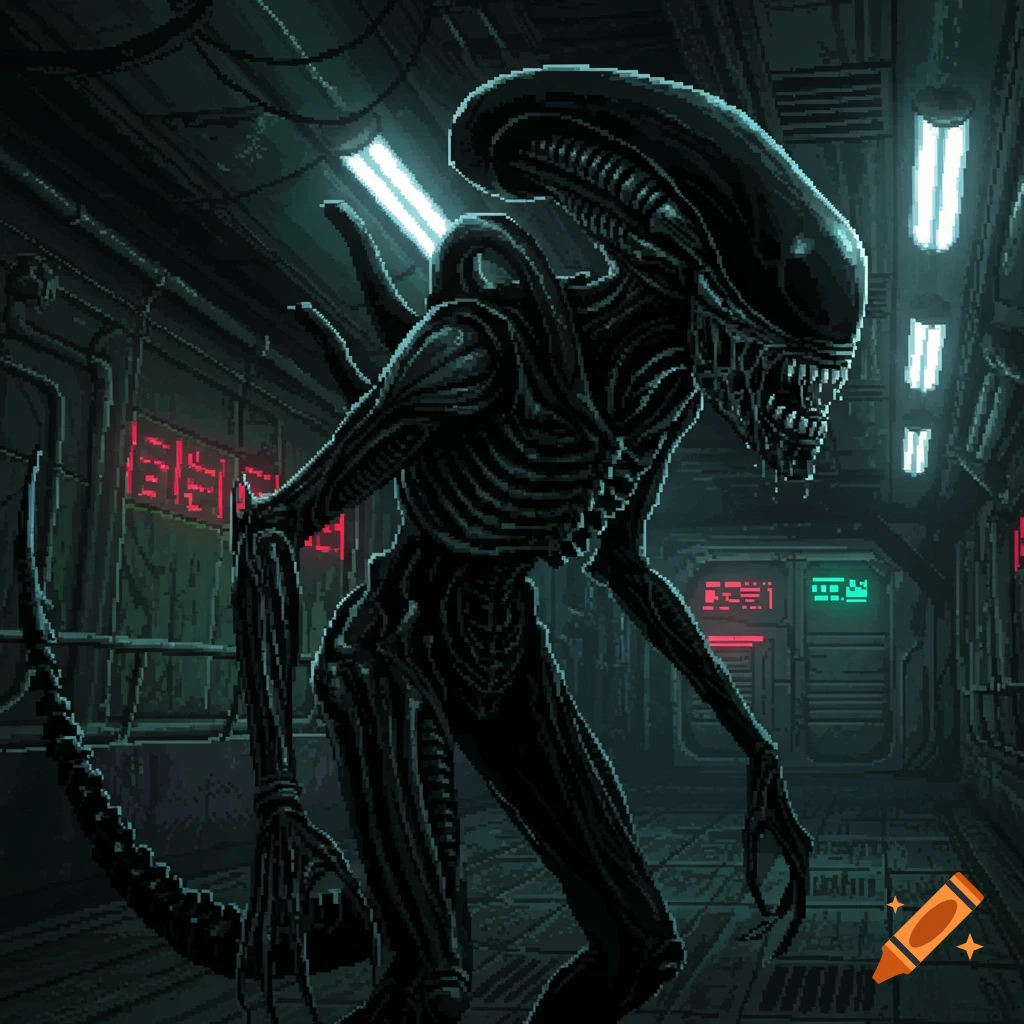 Pixel art depiction of a dark, menacing Xenomorph alien in a dimly lit spaceship corridor with glowing lights.