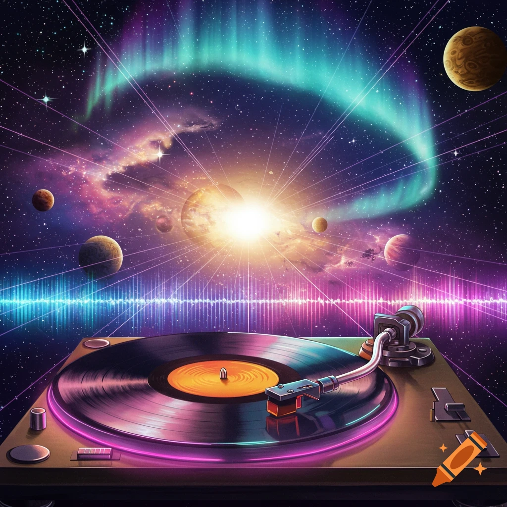 A turntable with a vinyl record sits against a vibrant cosmic backdrop featuring planets, a glowing sun, and a colorful aurora borealis, with neon sound waves.