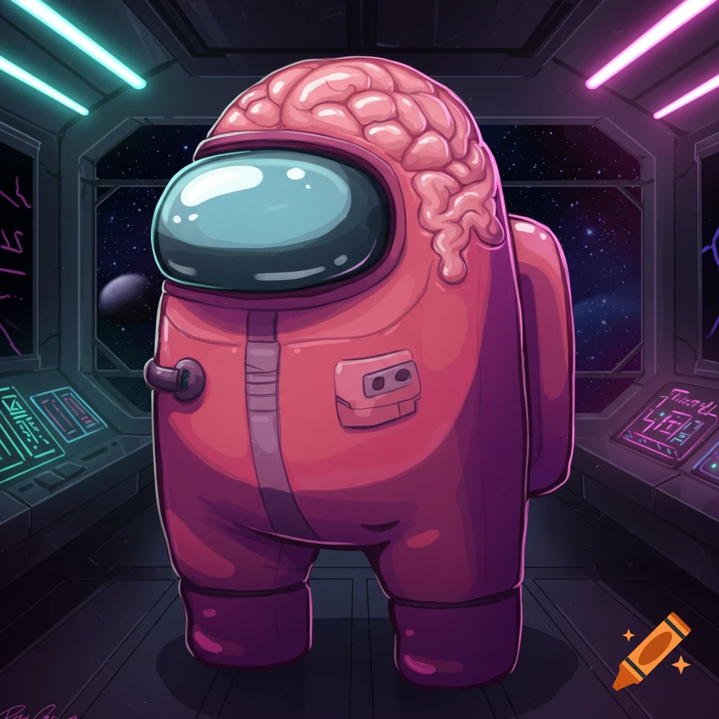 A pink Among Us character with an exposed brain stands in a spaceship cockpit with neon lighting, looking out into space.