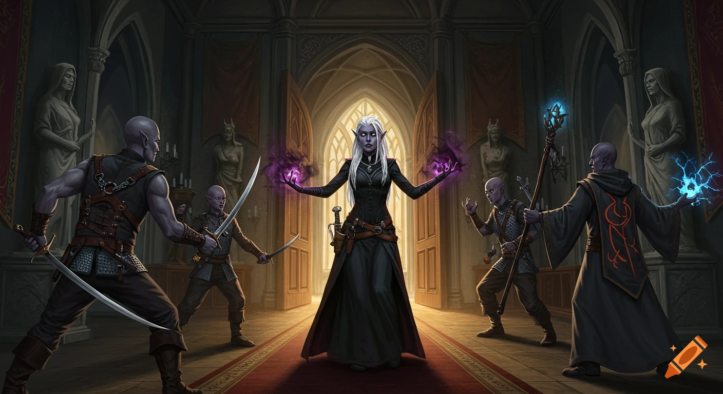 A white-haired Drow queen casts dark magic against three Drow assassins wielding swords and a magic staff in a gothic hall.