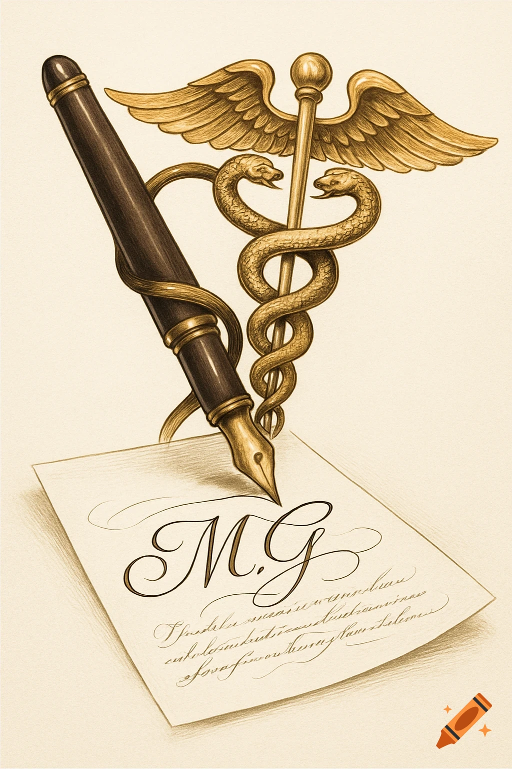 An elegant illustration of a fountain pen and a golden caduceus intertwined, writing the monogram 'M.G.' on a document in calligraphic style.