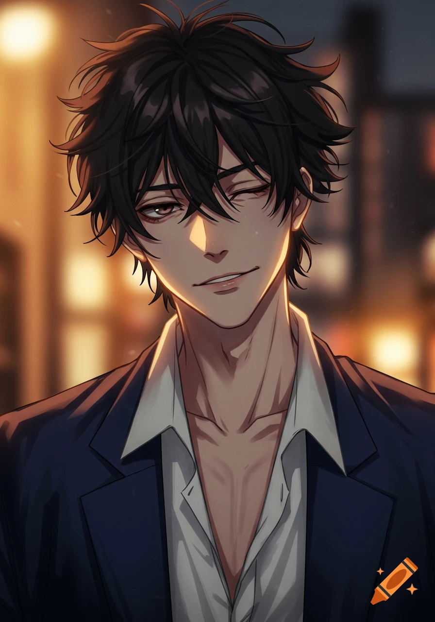 Anime illustration of a dark-haired man winking and smirking, wearing a suit jacket and open white shirt, against a warm, blurry background.