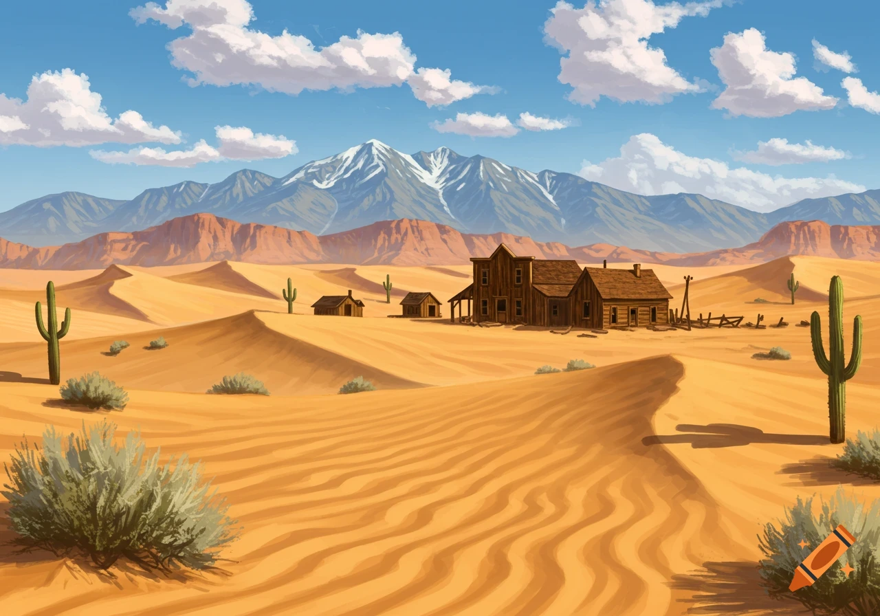 Stylized illustration of a vast desert landscape with sand dunes, cacti, old wooden buildings, and snow-capped mountains.