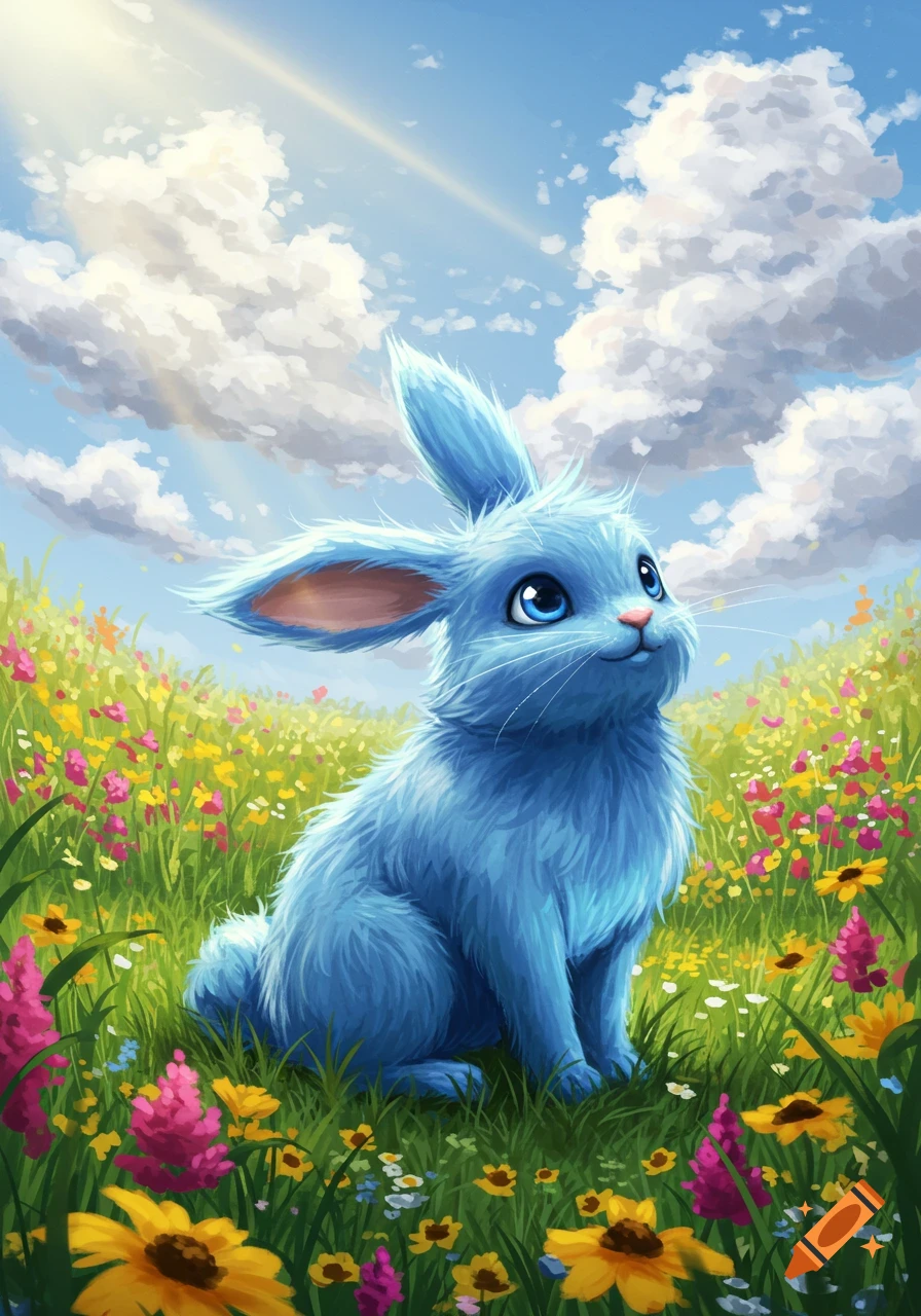 A fluffy blue rabbit with large blue eyes sits in a vibrant meadow filled with colorful wildflowers under a sunny sky.